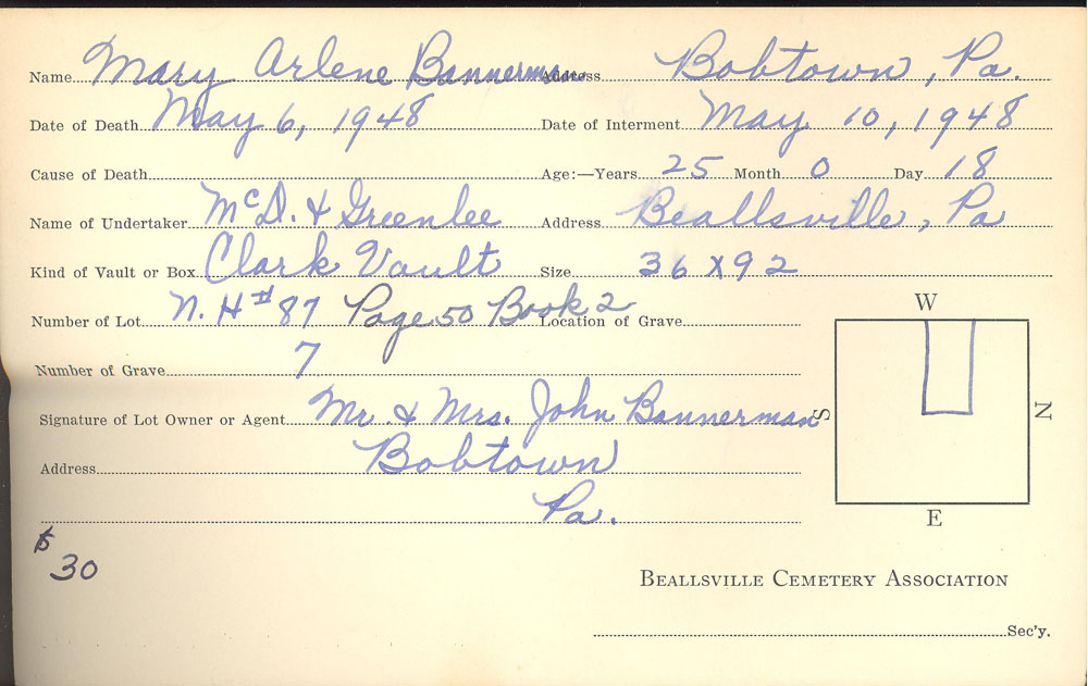Mary Arlene Bannerman burial card